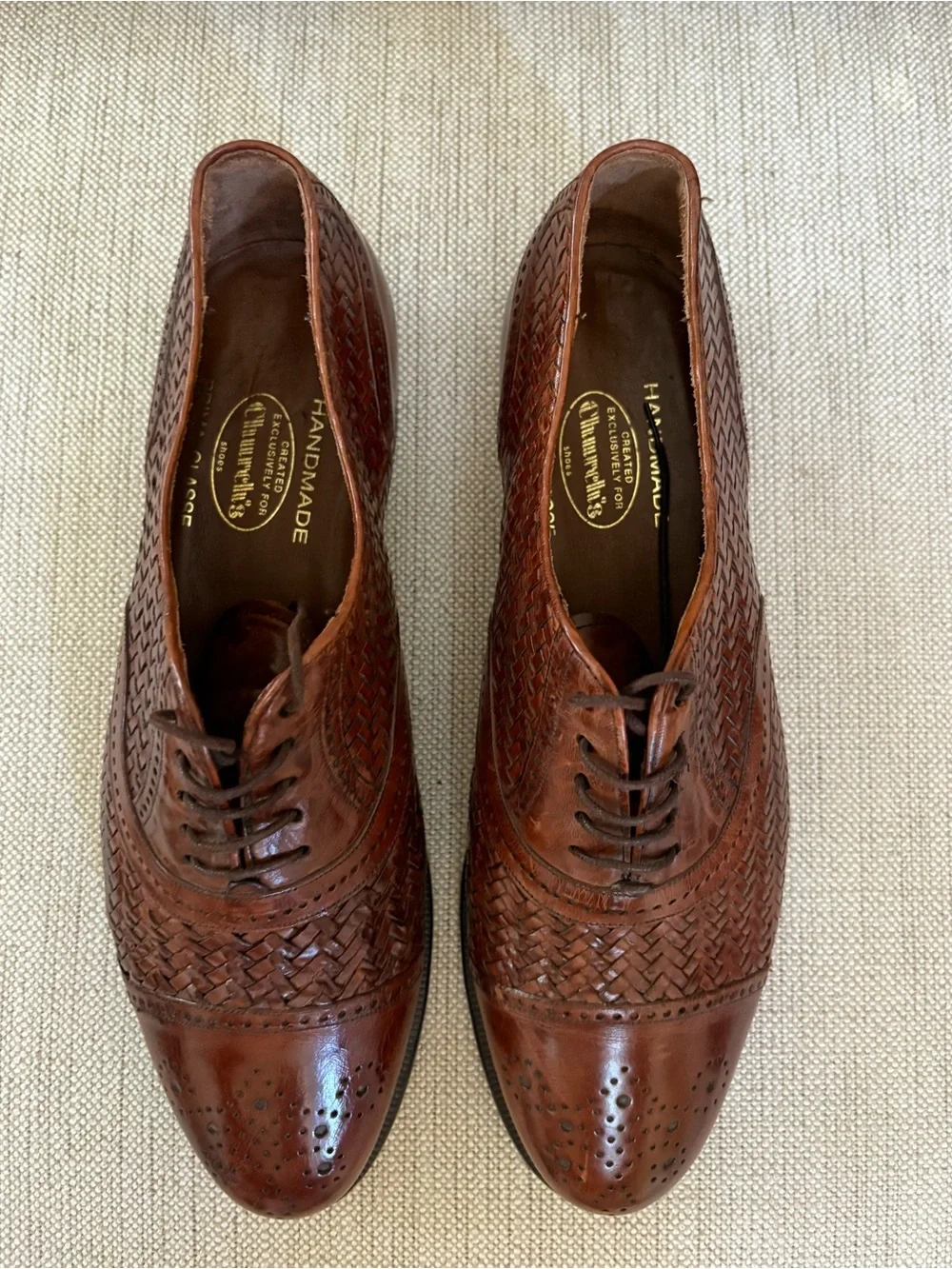 CHURCH’S Prima Classe Woven Leather Oxfords Cap Toe Brown Mens 8.5 Made in Spain